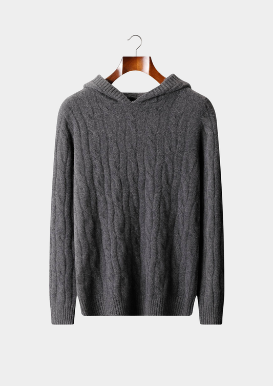 Pure Cashmere Dark Gray Cable Knit Hoodie | Roccella