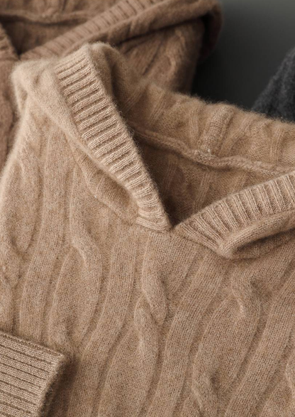 Pure Cashmere Sand Cable Knit Hoodie | Roccella