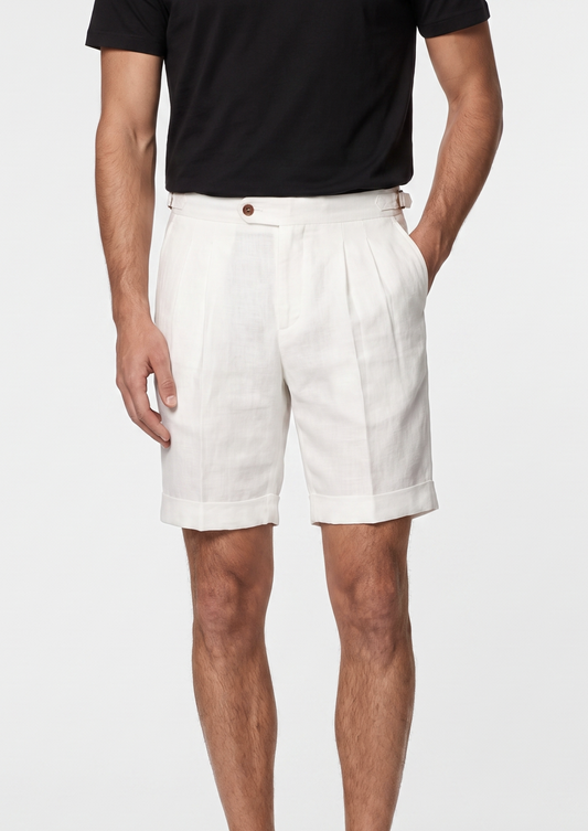 White Pleated Linen Seaside Shorts | Roccella