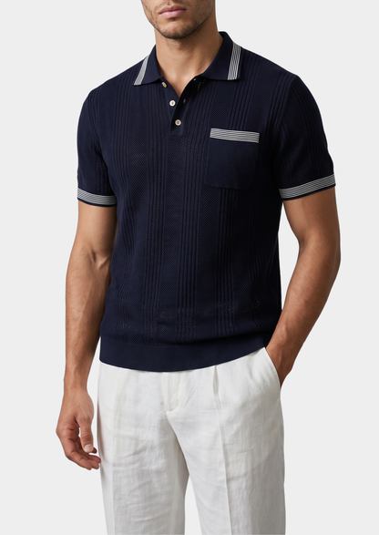 Leon Navy Blue Open Knit Lightweight Polo | Roccella