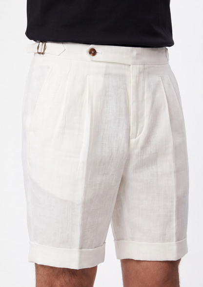 White Pleated Linen Seaside Shorts | Roccella