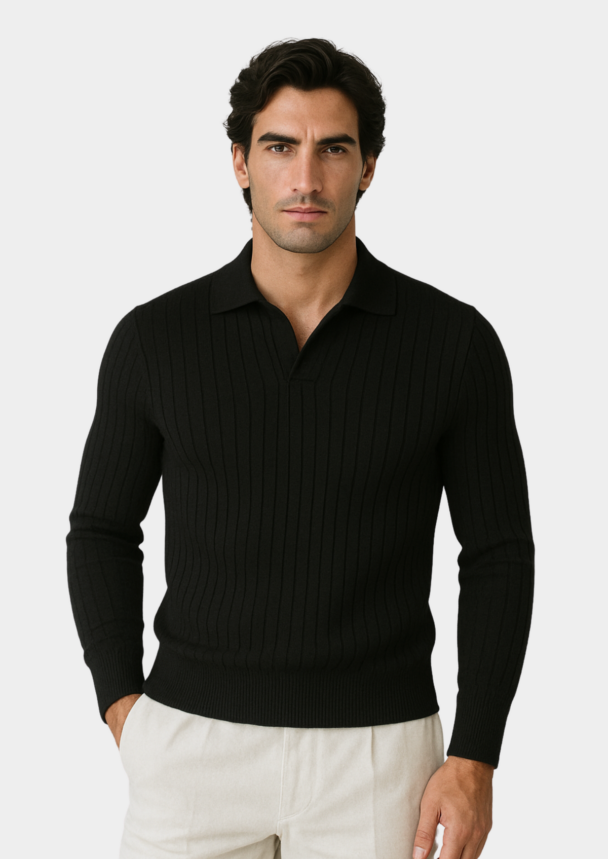 Black Buttonless Ribbed Polo | Roccella