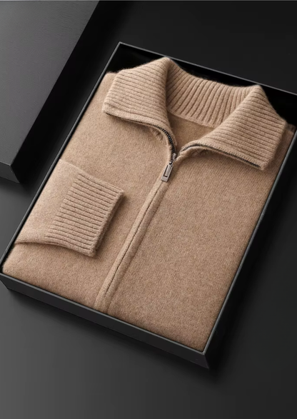 Pure Cashmere Beige Funnel Neck Cardigan | Roccella