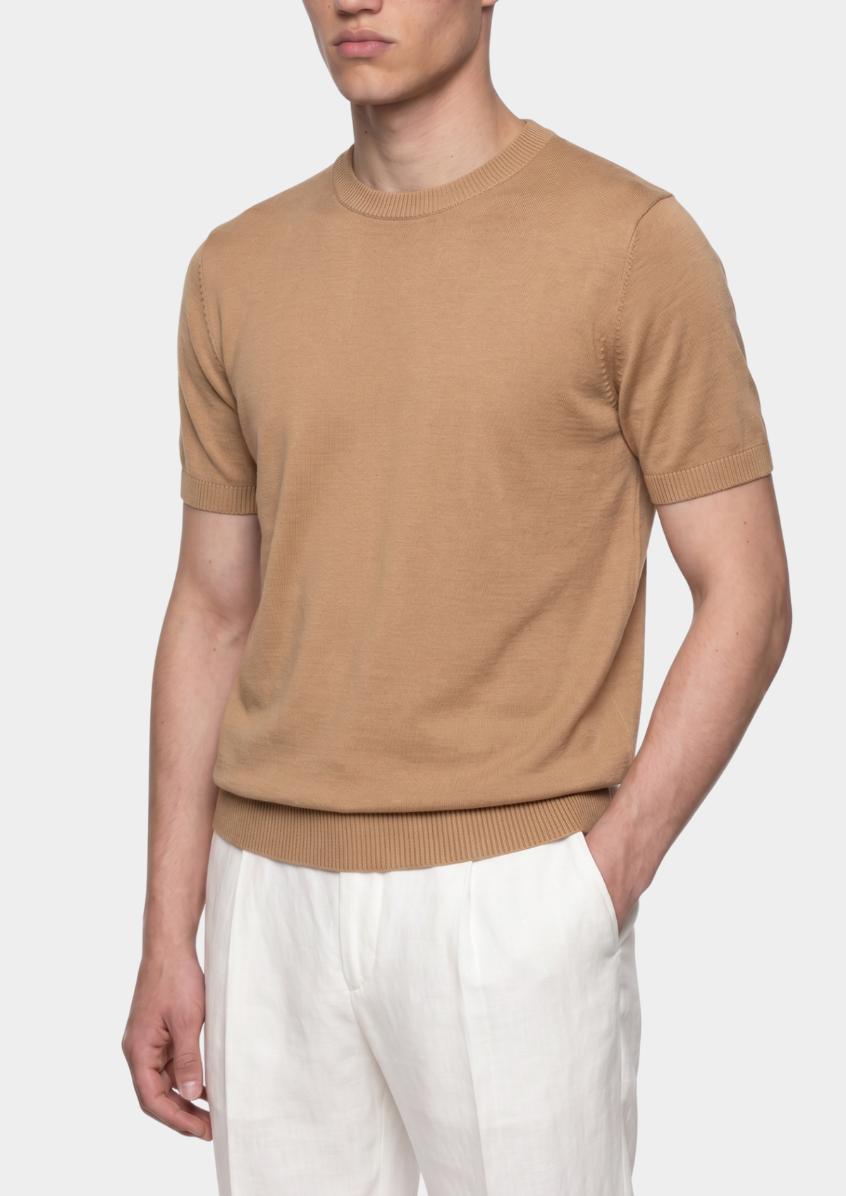 Essential Beige Knitted Crewneck T-Shirt | Roccella