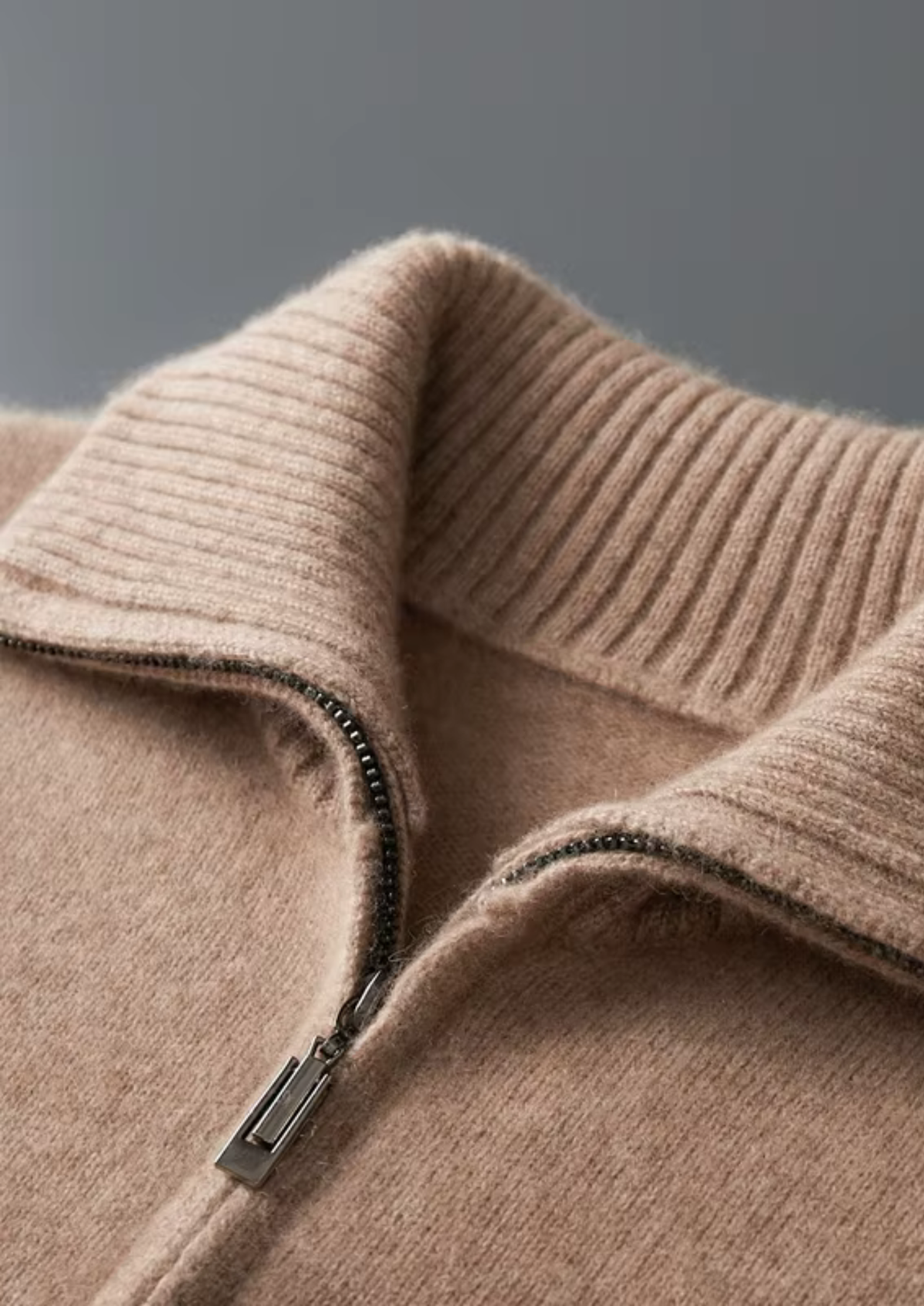 Pure Cashmere Beige Funnel Neck Cardigan | Roccella