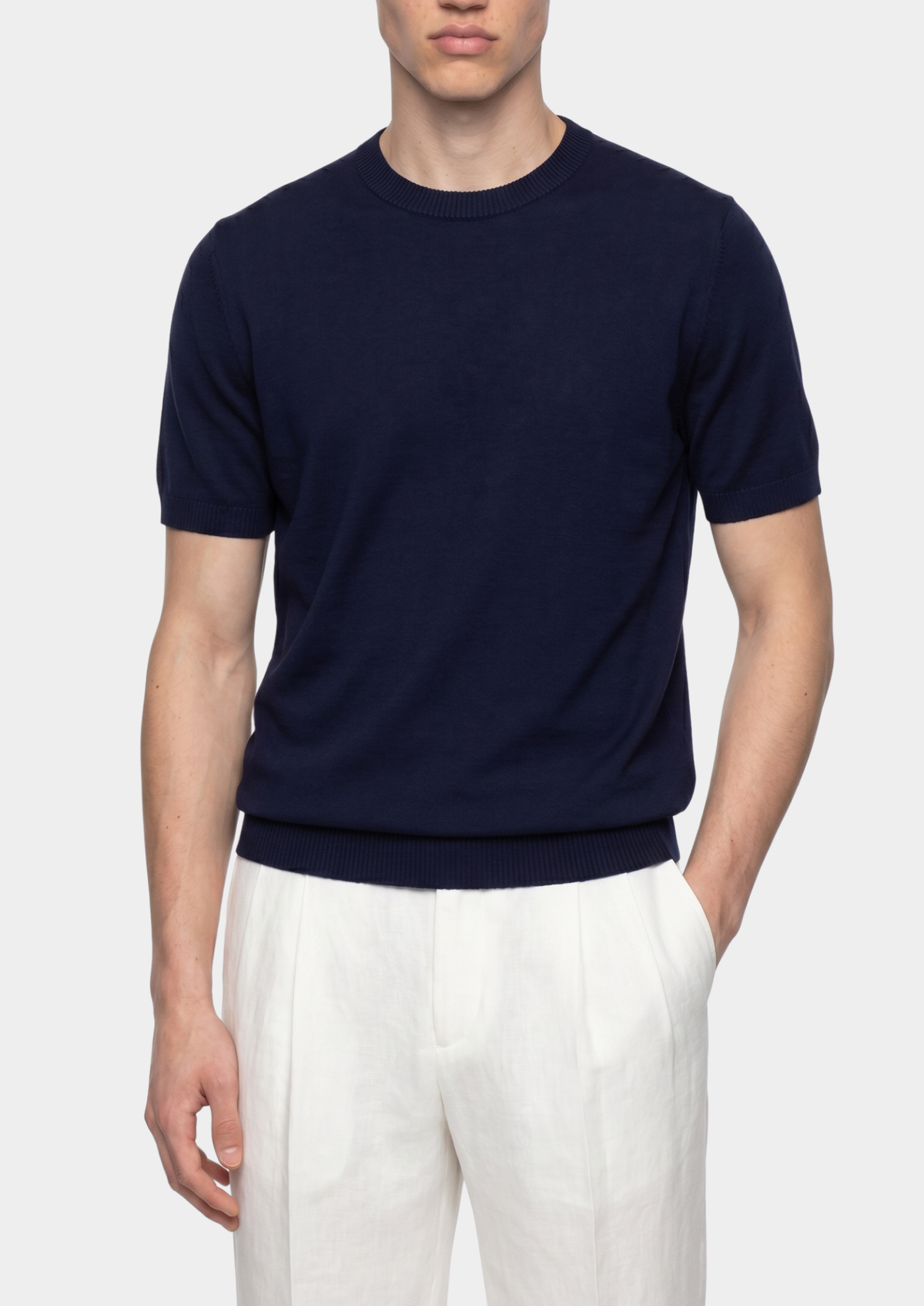 Essential Navy Blue Knitted Crewneck T-Shirt | Roccella