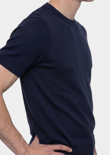 Essential Navy Blue Knitted Crewneck T-Shirt | Roccella