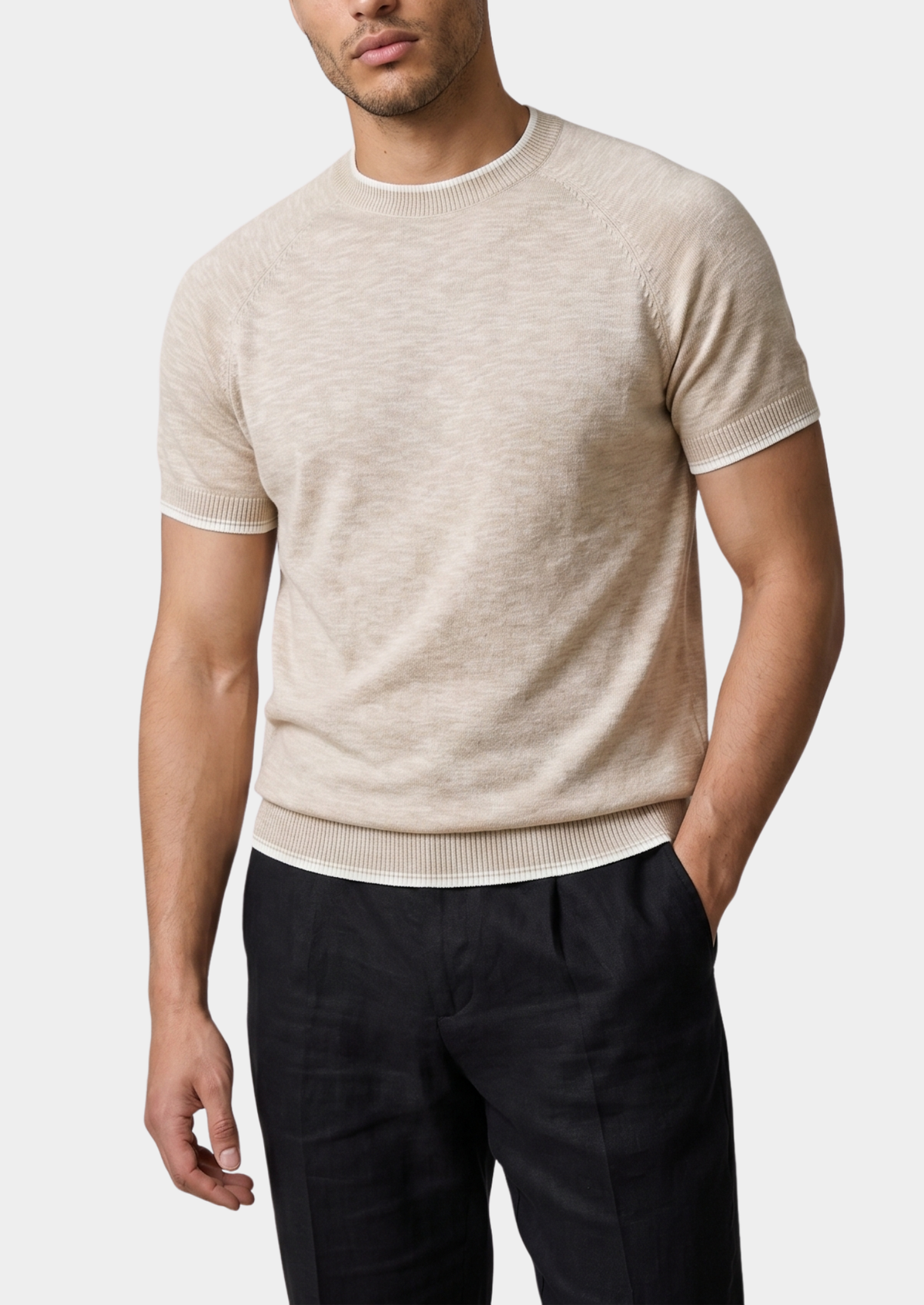 Capri Beige Linen Contrast T-Shirt | Roccella