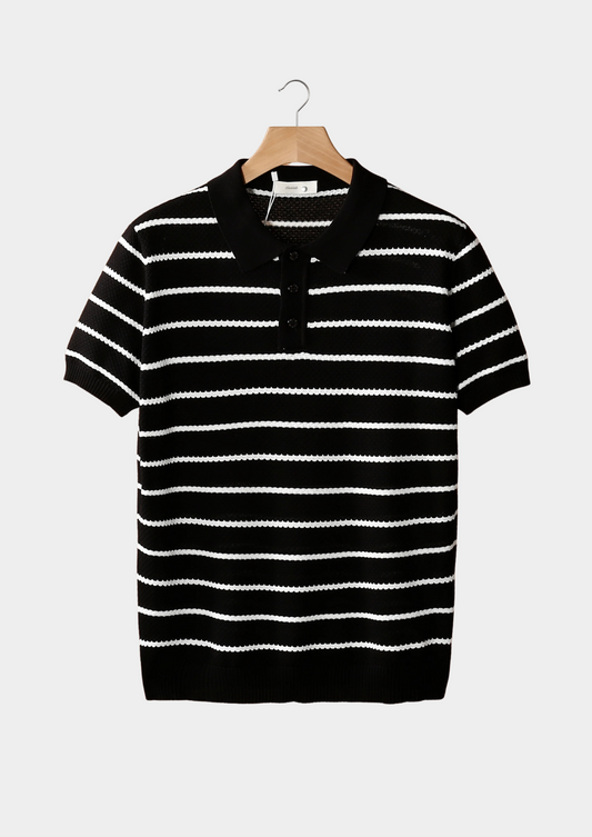 Black Striped Textured Button Polo | Roccella