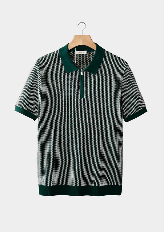 Green Geometric Textured Zipper Polo | Roccella