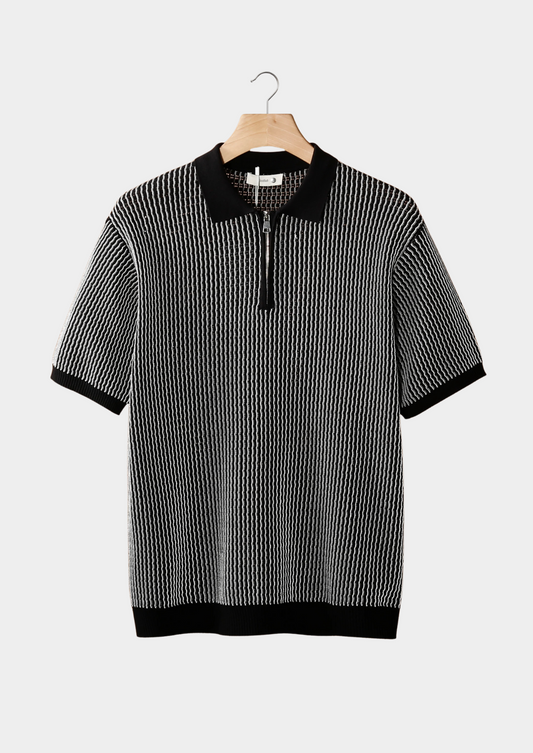 Black Geometric Textured Zipper Polo | Roccella