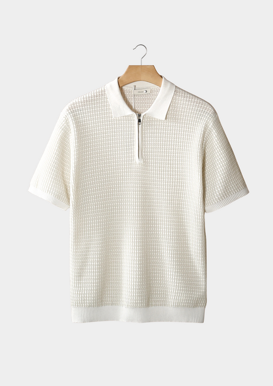 White Geometric Textured Zipper Polo | Roccella