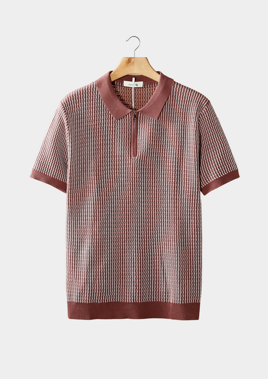 Dusty Rose Geometric Textured Zipper Polo | Roccella