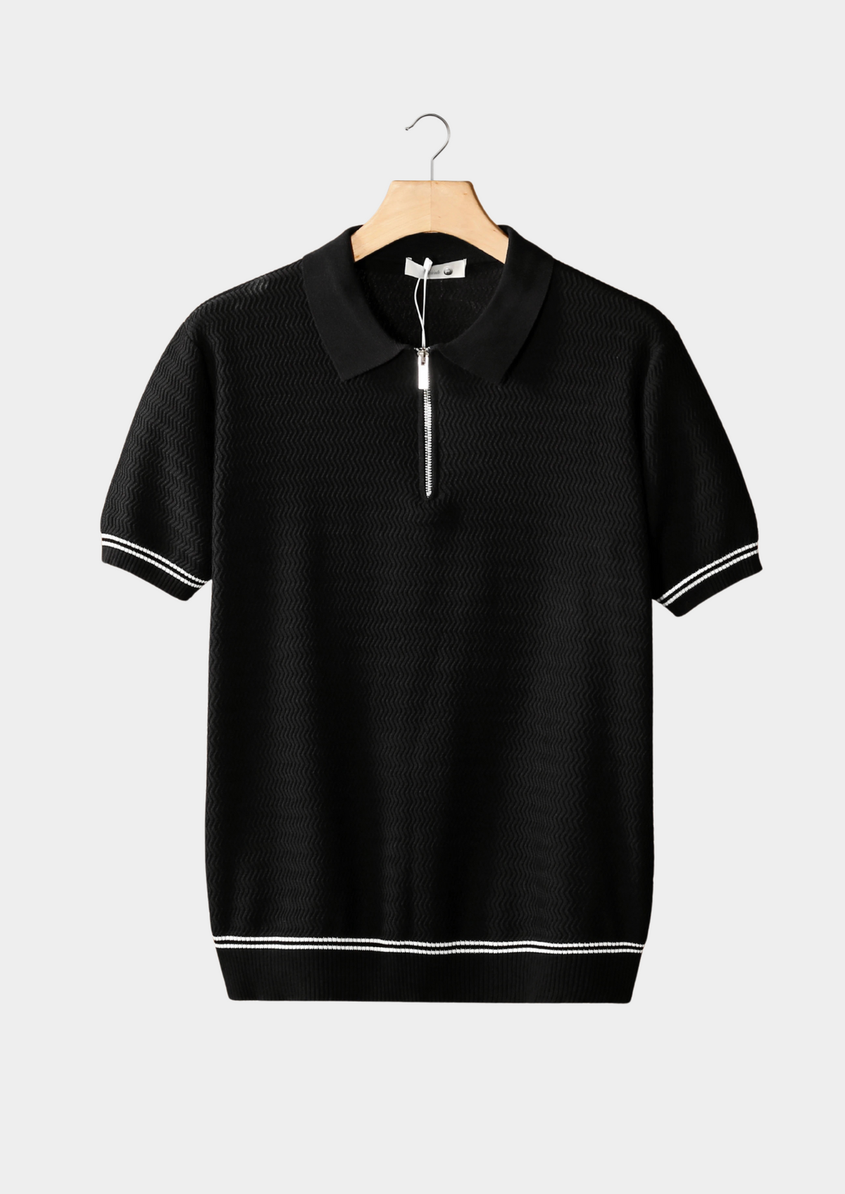 Black Zigzag Textured Zipper Polo | Roccella