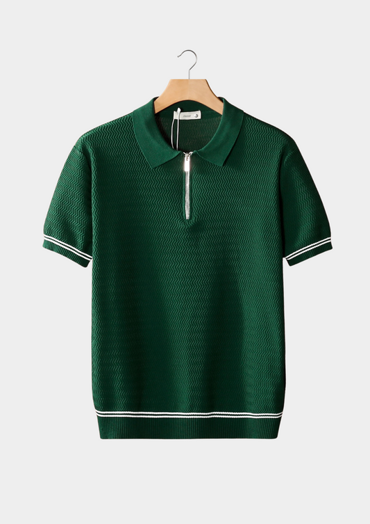 Green Zigzag Textured Zipper Polo | Roccella