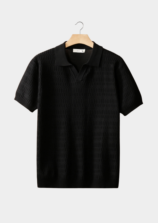 Black Patterned Knit Buttonless Polo | Roccella