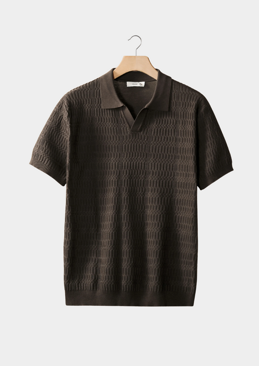 Coffee Patterned Knit Buttonless Polo | Roccella
