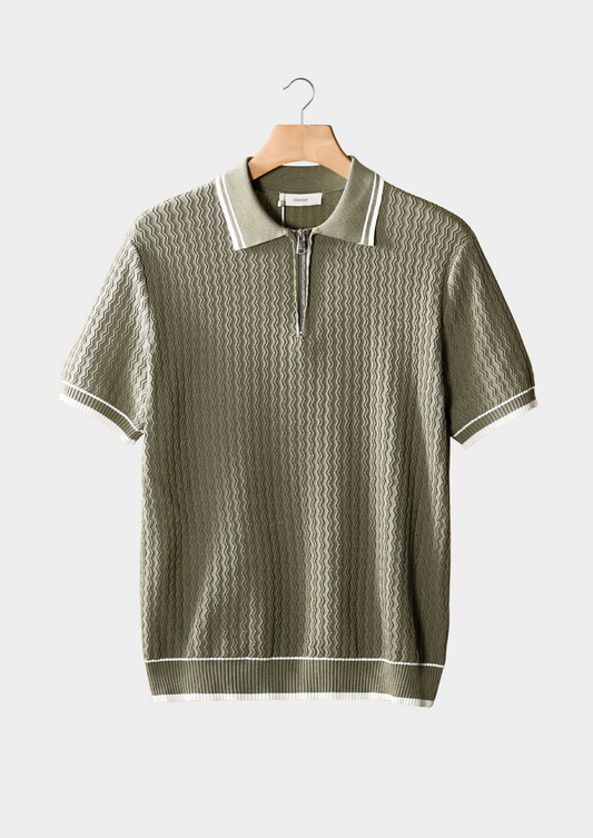 Taupe Wavy Textured Zipper Polo | Roccella