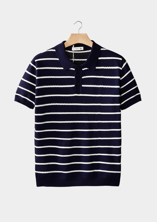 Navy Striped Textured Button Polo | Roccella