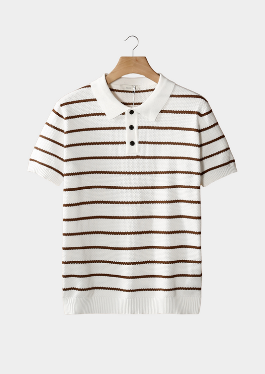 White Striped Textured Button Polo | Roccella