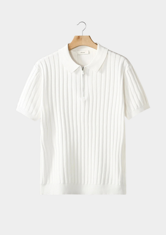White Ribbed Zipper Polo | Roccella