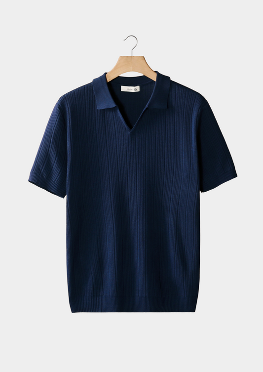 Navy Open Collar Ribbed Polo | Roccella