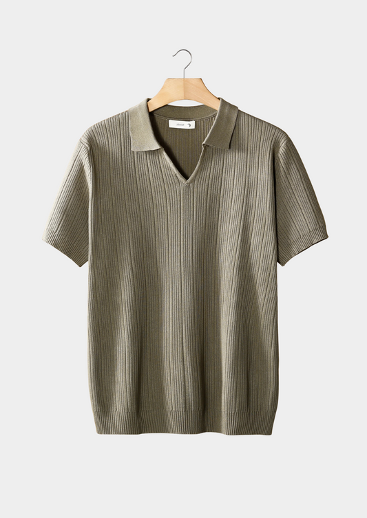 Taupe Open Collar Ribbed Polo | Roccella