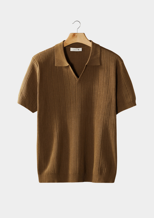 Caramel Open Collar Ribbed Polo | Roccella