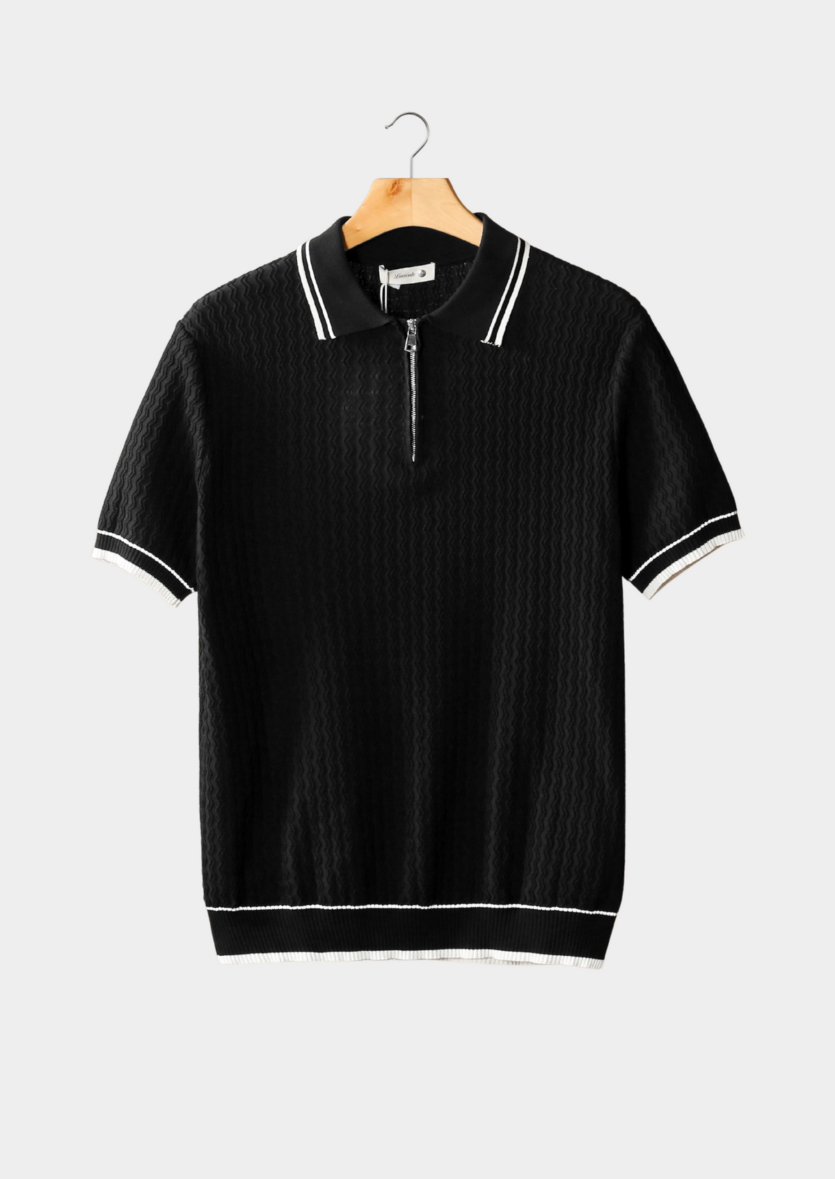 Black Wavy Textured Zipper Polo | Roccella